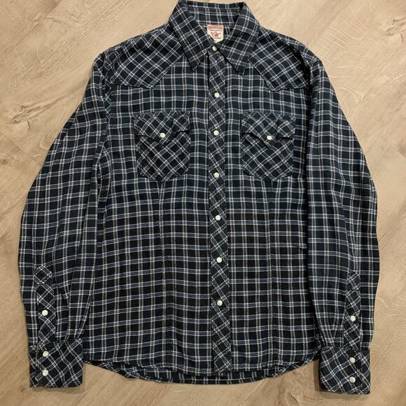 True Religion Flannel Shirt Mens Medium M Black Blue Western Plaid Pearl Snap - Picture 1 of 7